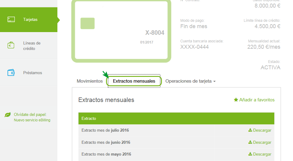 Extracto movimientos de tarjeta